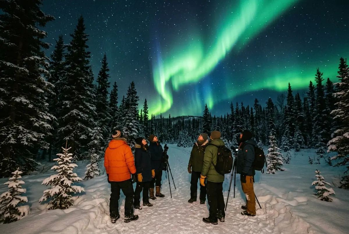 Small group on an alaska northern lights tour bundled in thermal parkas watching a bright green aurora ripple over a snowy interior Alaska spruce forest at night