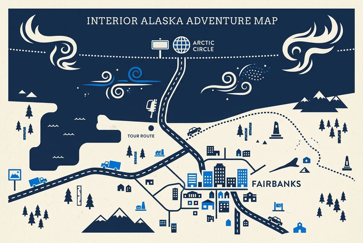 Flat-style illustrated map of interior Alaska highlighting Fairbanks, the Dalton Highway and the Arctic Circle marker with a dotted alaska northern lights tour route and simple aurora icons, generic place labels only