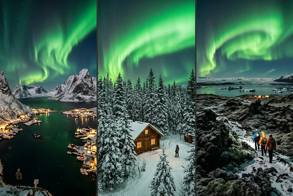 Split-frame travel collage showing a Norwegian fjord, an Alaskan spruce forest and an Icelandic lava field each under a green aurora arc, a best country to see northern lights comparison scene
