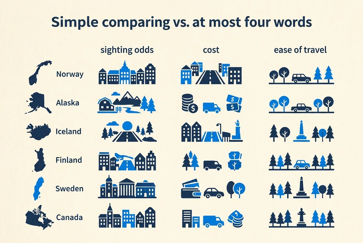 Simple scorecard infographic comparing six country icons, Norway, Alaska, Iceland, Finland, Sweden and Canada, against three labeled criteria columns, sighting odds, cost and ease of travel, generic labels only