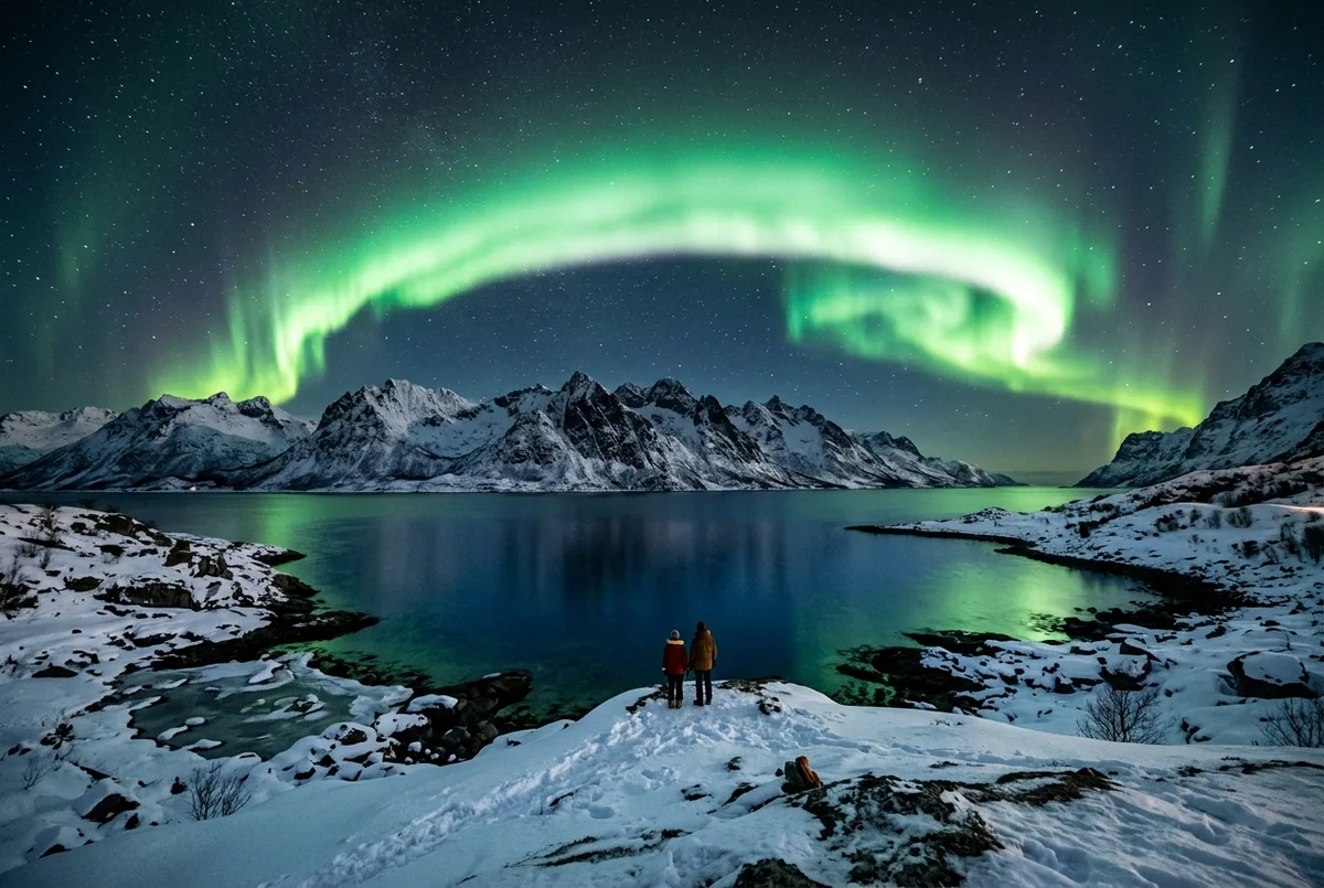 Wide dark-sky landscape with a bright green aurora arc over a snow-covered fjord, a best place to see northern lights scene with no artificial light on the horizon