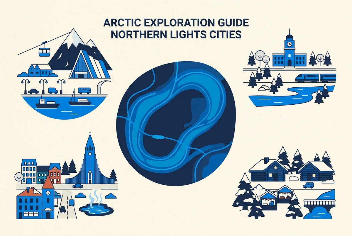 Simple comparison infographic showing four destination icons, Tromso, Fairbanks, Reykjavik and Rovaniemi, arranged around a stylized aurora oval map, generic place labels only