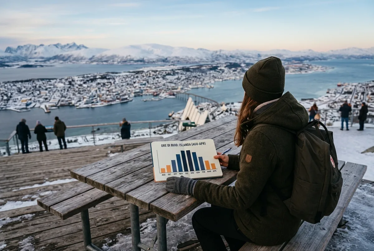 Grafico illustrato in stile piatto con le ore di buio mese per mese in Islanda da agosto ad aprile, barre semplici ed etichette generiche dei mesi, senza numeri specifici