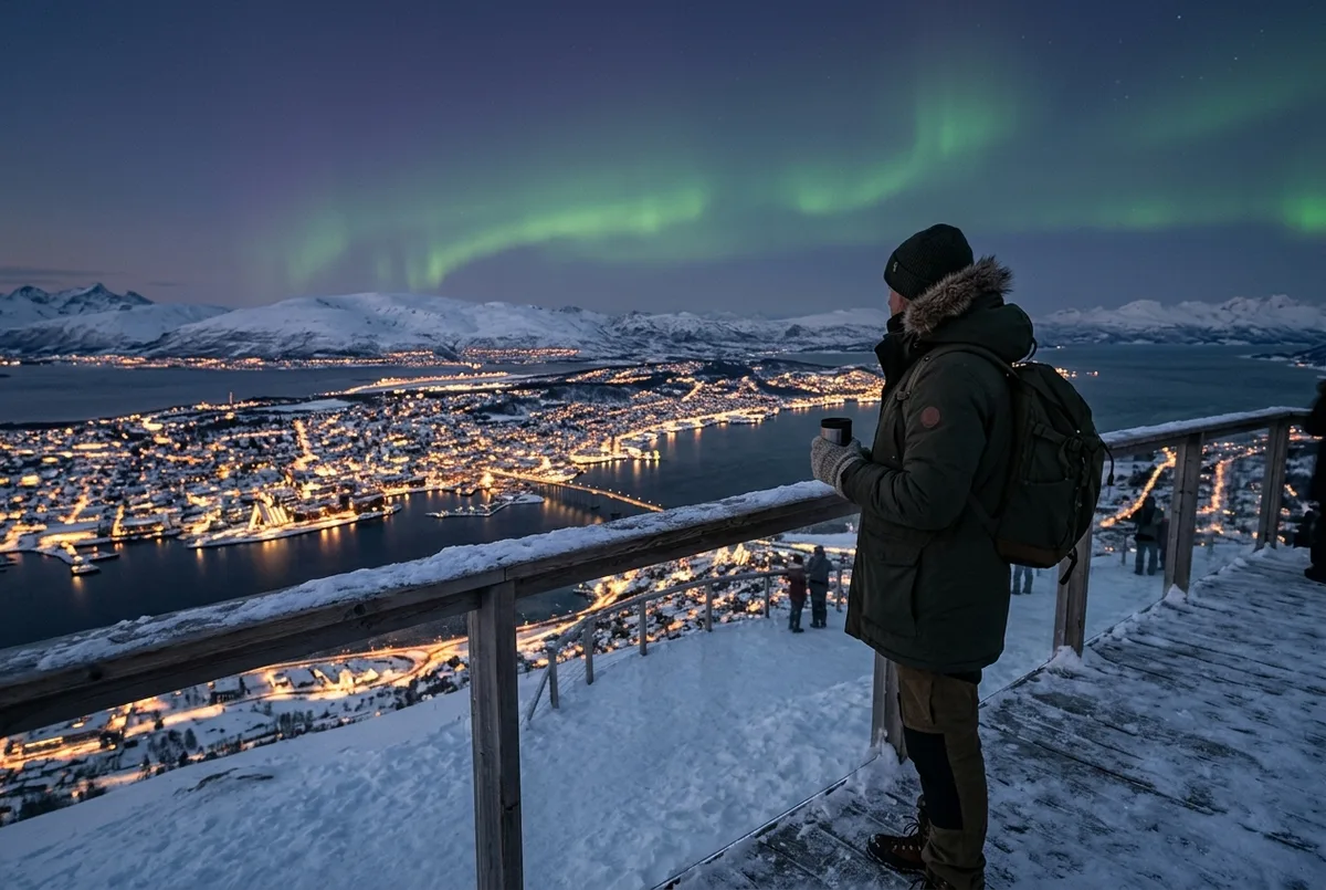 Reiziger in een dikke jas op een besneeuwd uitkijkpunt bij Tromso tijdens de beste tijd voor het noorderlicht in Noorwegen, poolschemering met een vage groene gloed aan de horizon