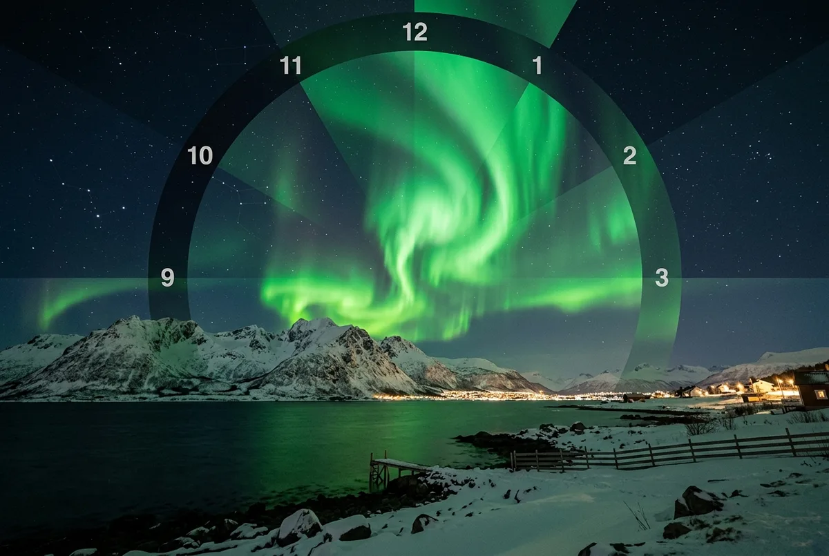 Clock-like composite of the night sky over several hours showing a faint aurora building into a bright green display, a best time to see the northern lights concept image
