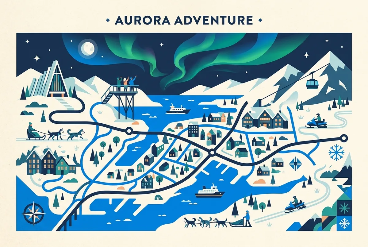 illustrated map of Tromso highlights for Best Time to See the Northern Lights, best time to see the northern lights