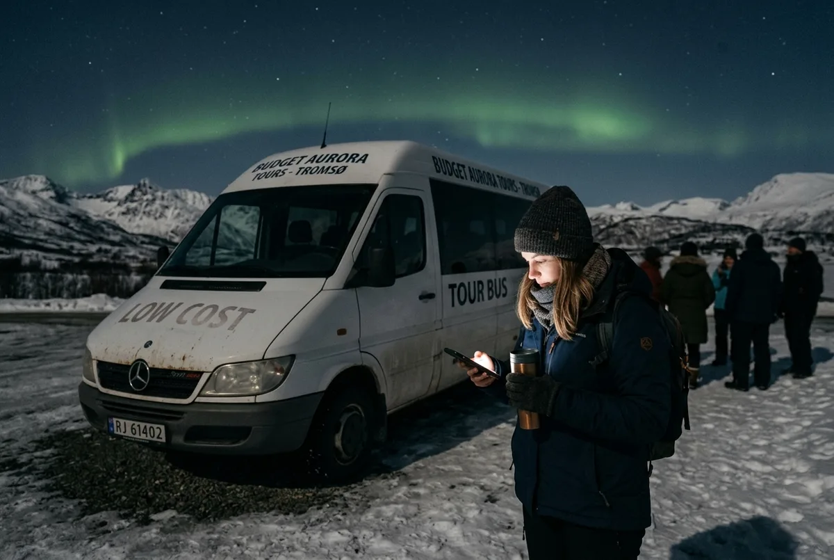 Gruppo di viaggiatori con budget contenuto a bordo di un bus economico per tour aurora boreale, scena serale semplice con bevande calde e cielo stellato vicino a Tromsø