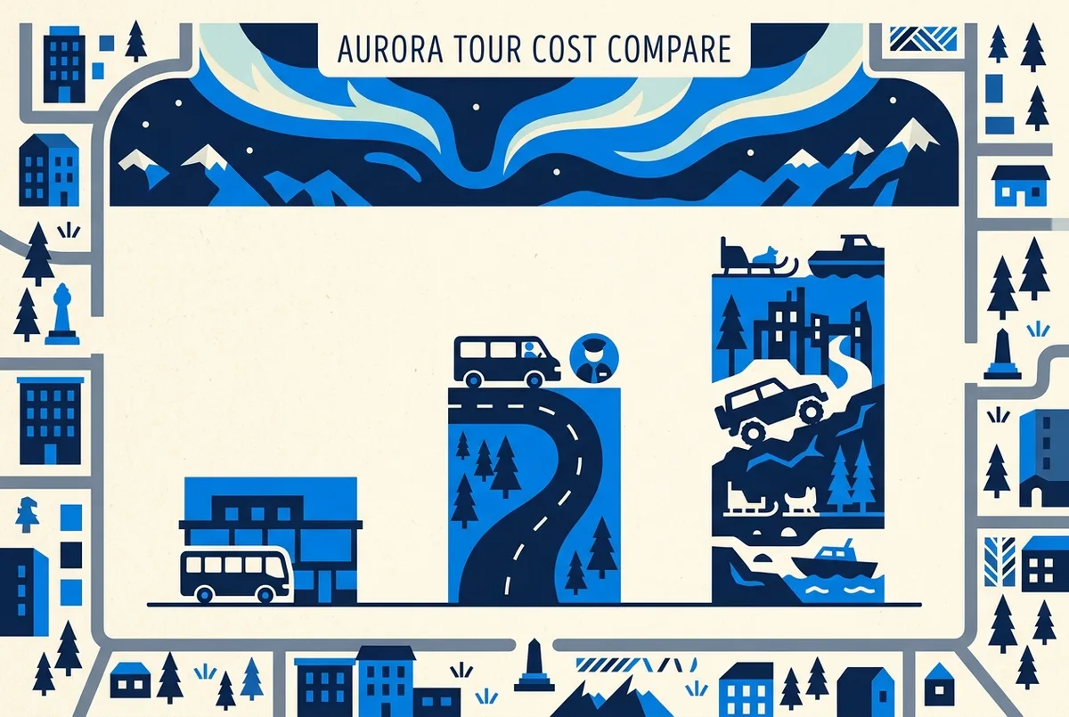 Infografica a barre orizzontali con fasce generiche da economico a premium per tour aurora boreale in diverse destinazioni, solo etichette generiche come economico, medio e premium, senza cifre specifiche
