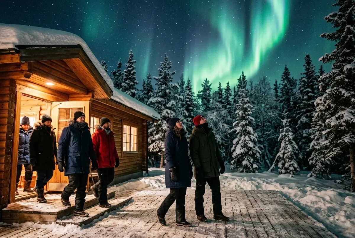 Guests bundled in parkas stepping outside a fairbanks northern lights tour lodge to watch a bright aurora glow above snow-covered spruce trees at night