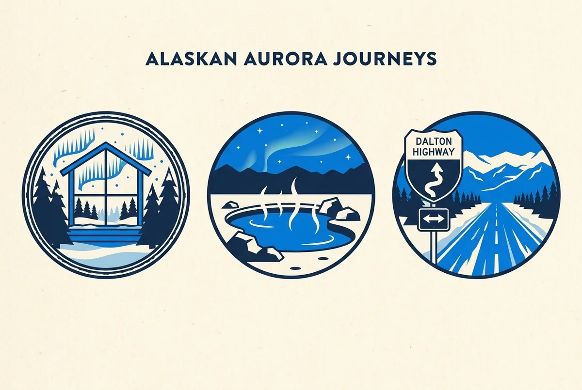 Flat-style comparison infographic showing three fairbanks northern lights tour icons, a lodge window, a hot springs pool and a Dalton Highway route marker, generic icons and labels only