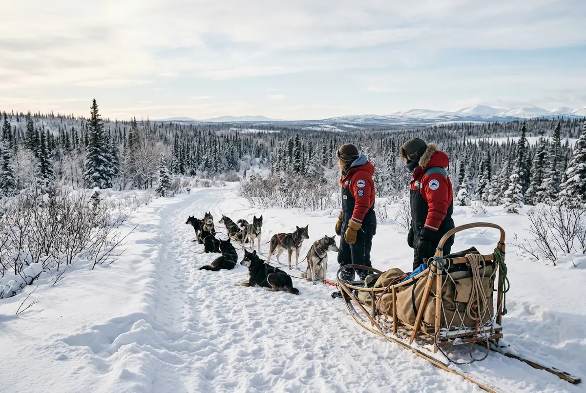 Musher and a team of huskies pausing on a snowy Fairbanks trail at midday with distant spruce forest, a fairbanks winter activities scene meant to pair with an evening aurora tour