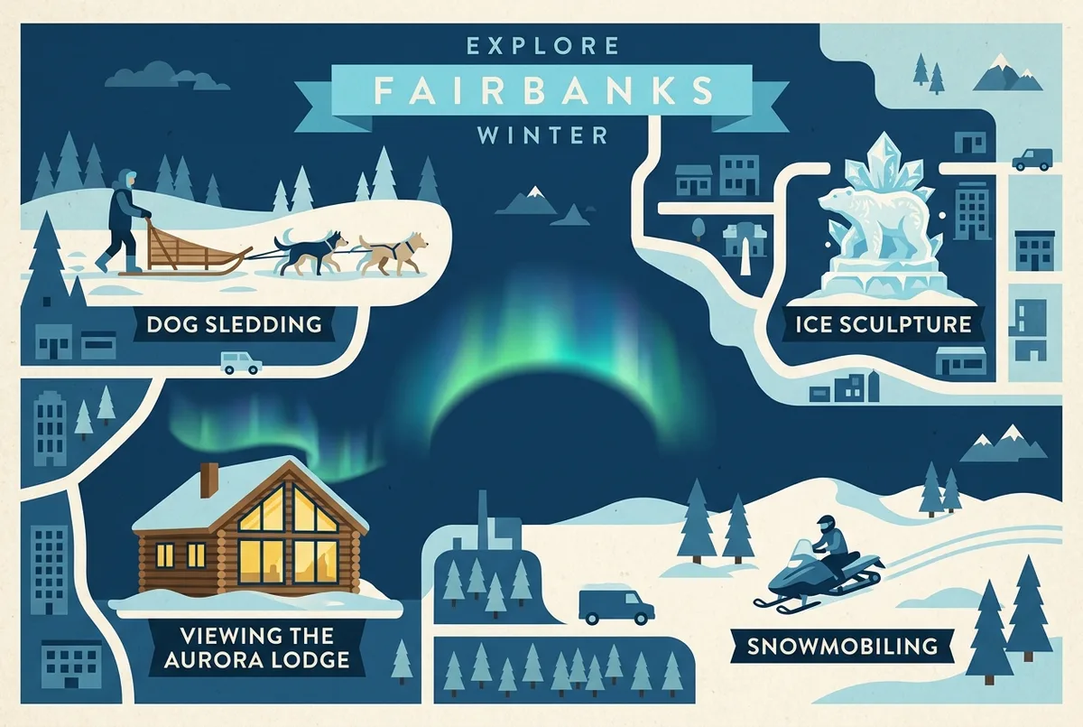 Flat-style infographic showing four fairbanks winter activities icons, a dog sled, an ice sculpture, a glass-window lodge and a snowmobile, arranged around a simple aurora glow, generic icons and labels only