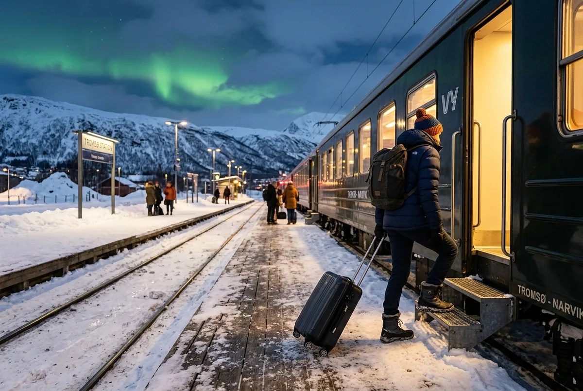 Rejsende med en kuffert går ombord på et nordlys tog norge-nattog på en snedækket perron i Nordnorge i skumringen, med et svagt grønligt skær anende sig i himlen