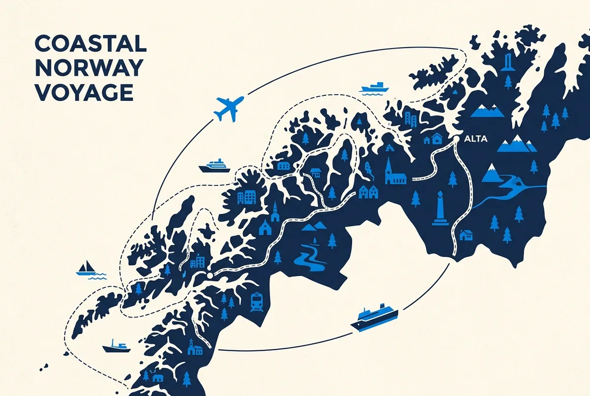 Fladt illustreret kort over Norge, der viser Tromsø, Alta og Hurtigrutens kystrute med enkle ikoner for fly, tog og skib forbundet mellem dem, kun generiske stednavne