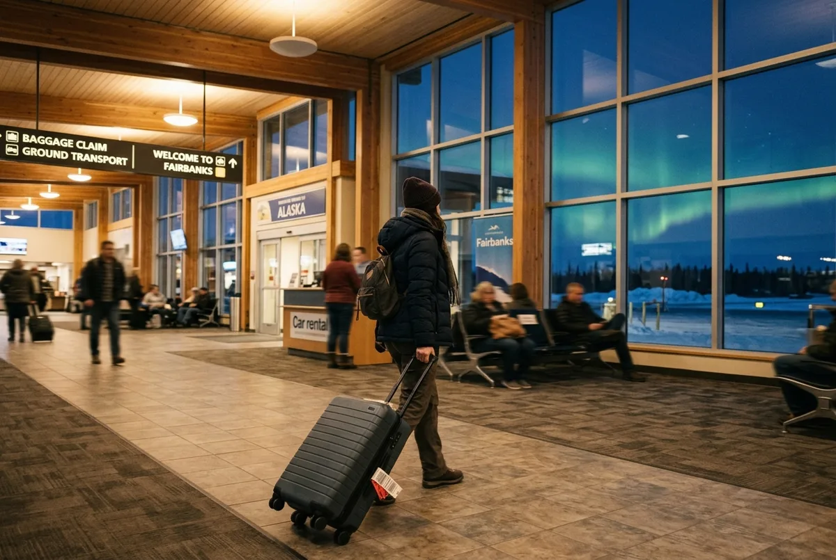 Traveler wheeling a suitcase through Fairbanks International Airport arrivals hall at dusk with a faint aurora glow visible through the terminal windows, evoking how to get to fairbanks alaska for a northern lights trip