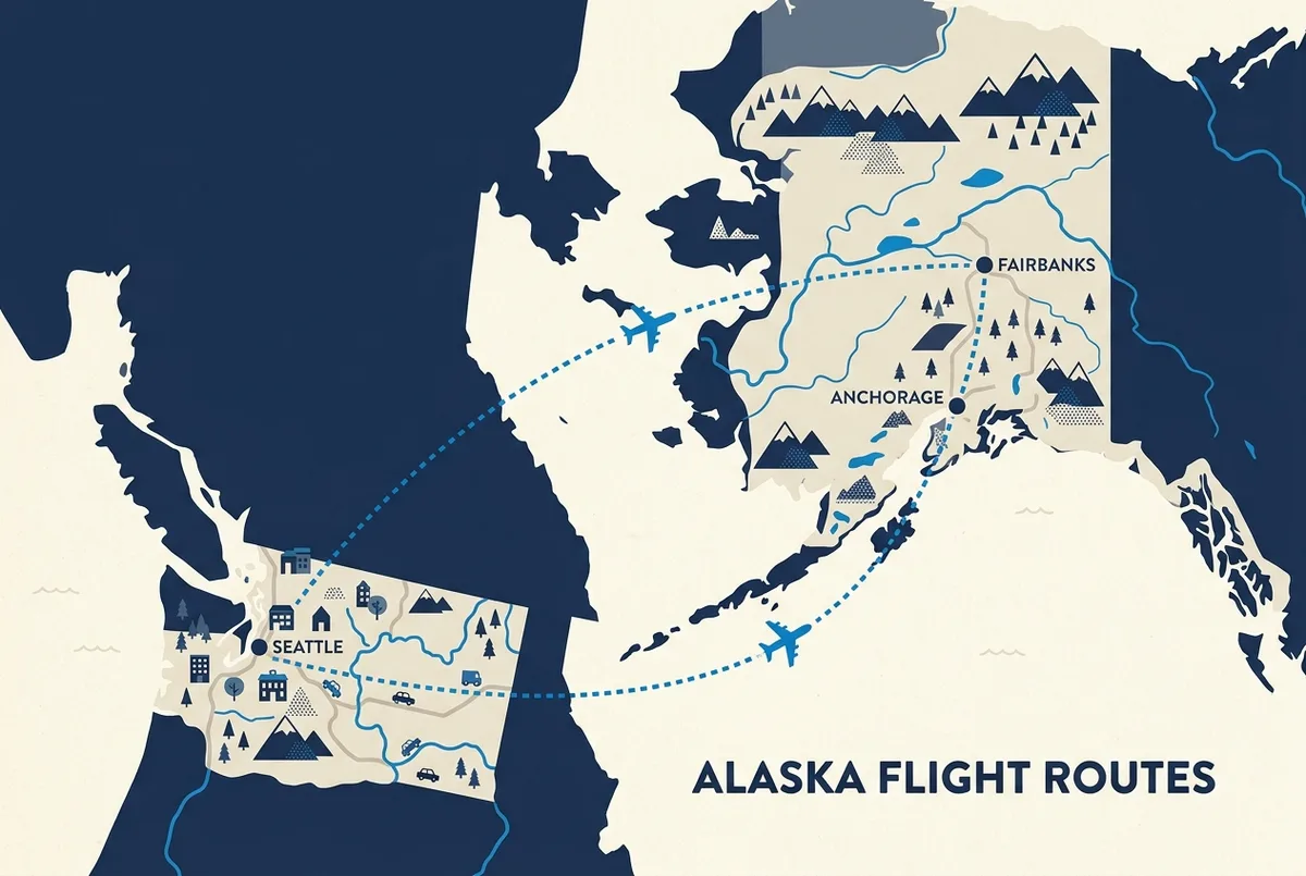 Flat-style illustrated map showing flight routes from Seattle and Anchorage into Fairbanks Alaska with a dotted line and a simple airplane icon, generic place labels only
