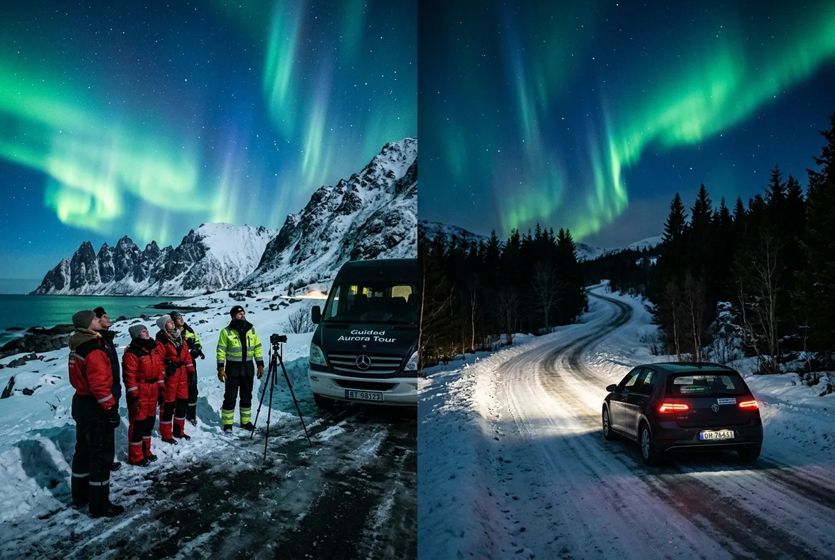 Split scene showing a guided minibus with thermal-suited travelers on one side and a solo rental car on a dark snowy road on the other, northern lights guided tour vs self drive comparison