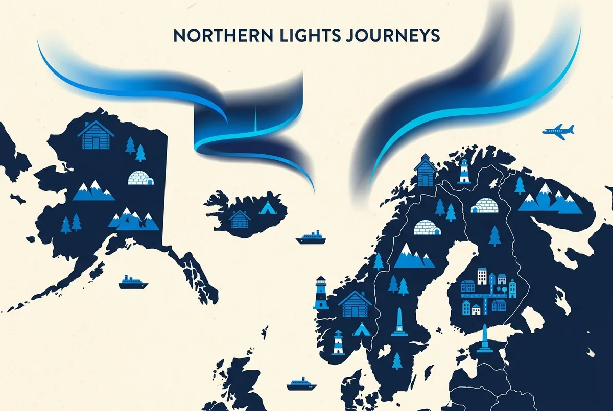 Illustrated map marking the top northern lights tour destinations across Norway, Alaska, Iceland and Lapland