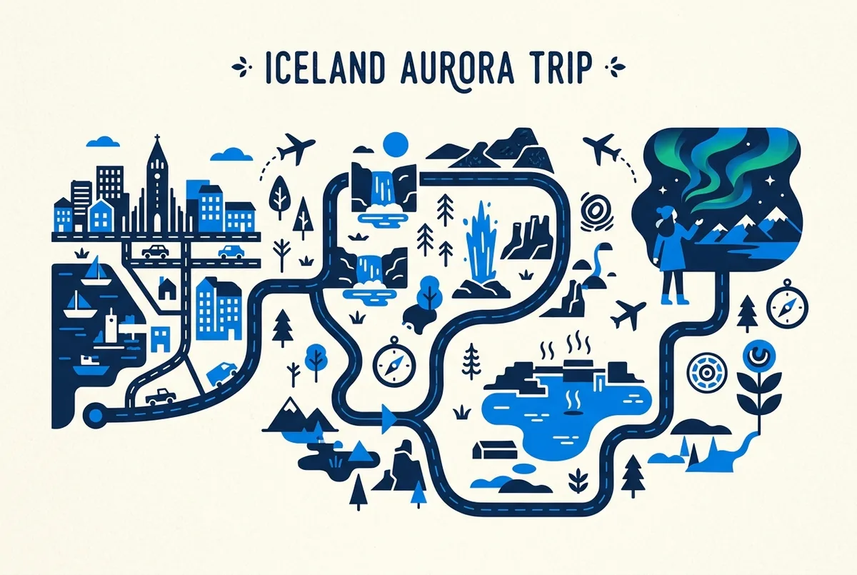 Flat-style illustrated itinerary map of a 4-day Iceland aurora trip showing Reykjavik, the Golden Circle route, the Blue Lagoon and an evening aurora viewing icon, generic place labels only