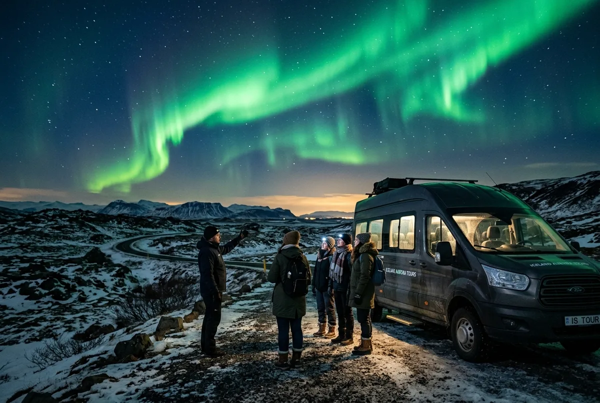 Small group on a northern lights tour iceland reykjavik trip standing beside a minibus watching a bright green aurora ripple over the dark Icelandic countryside