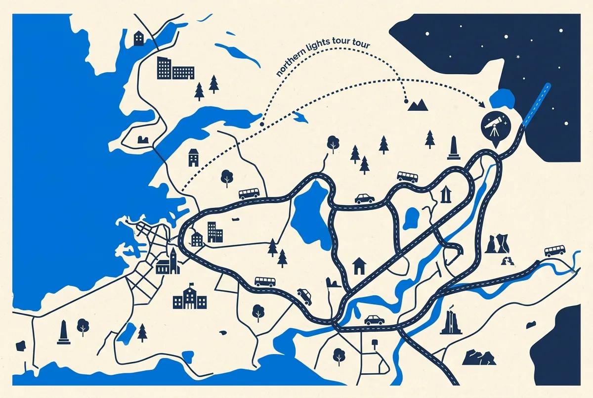 Flat-style illustrated map of southwest Iceland highlighting Reykjavik, the Golden Circle route and a dark-sky viewing area near Thingvellir with a dotted northern lights tour route, generic place labels only