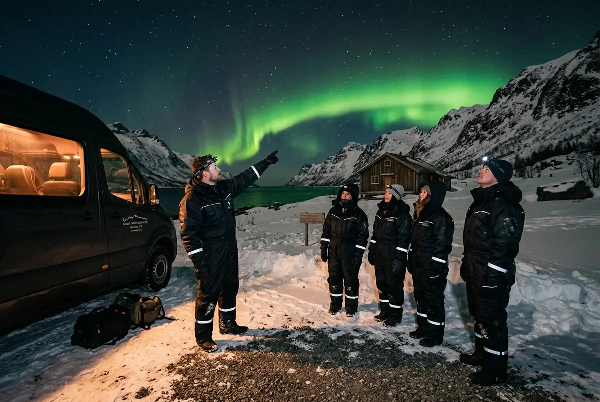 Small guided group in thermal suits standing beside a minibus at a dark Arctic viewing spot, guide pointing at a building green aurora, is a northern lights tour worth it decision scene