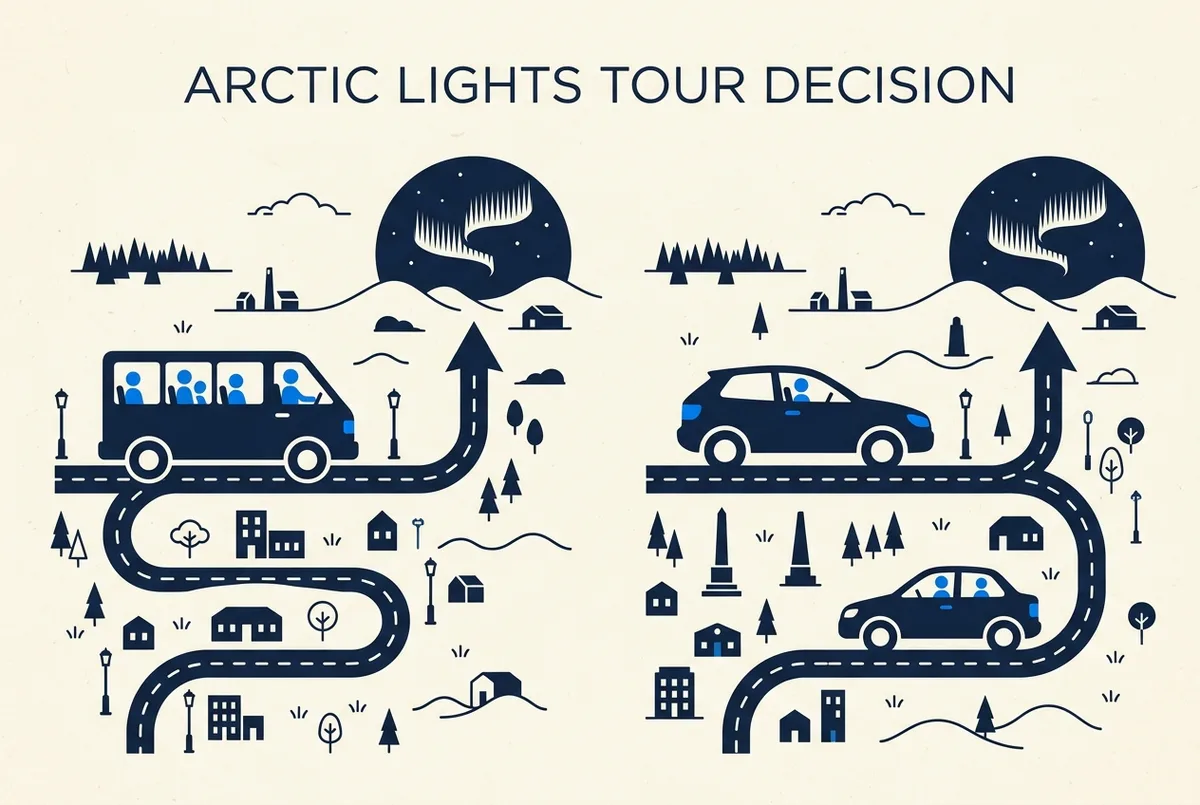 Simple side-by-side decision infographic comparing a guided minibus tour icon against a self-drive rental car icon, each pointing toward a dark sky aurora symbol, is a northern lights tour worth it comparison, generic labels only