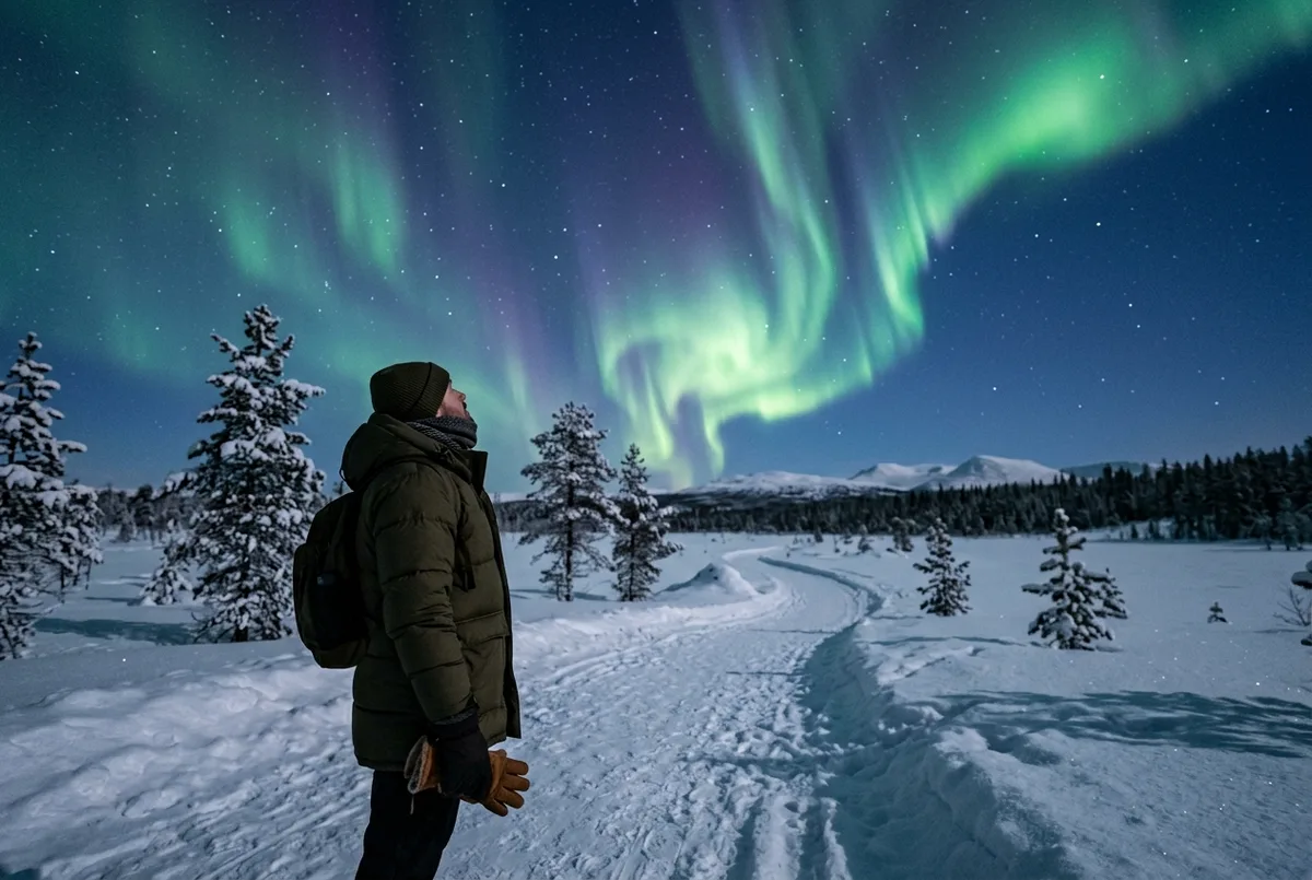 Rejsende i tyk vinterjakke ser op mod et klart kiruna nordlys-udbrud over et fladt, snedækket svensk Lapland-landskab med spredte grantræer i skumringen