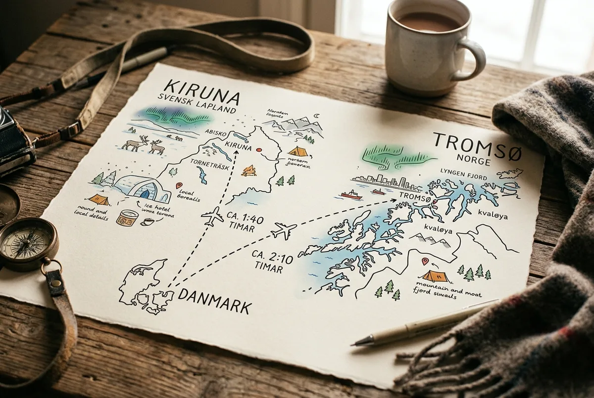 Fladt kortkoncept der sammenligner Kiruna i svensk Lapland med Tromsø i Norge, med enkle fly-ikoner der viser rejsetid fra en dansk by, kun generiske stednavne