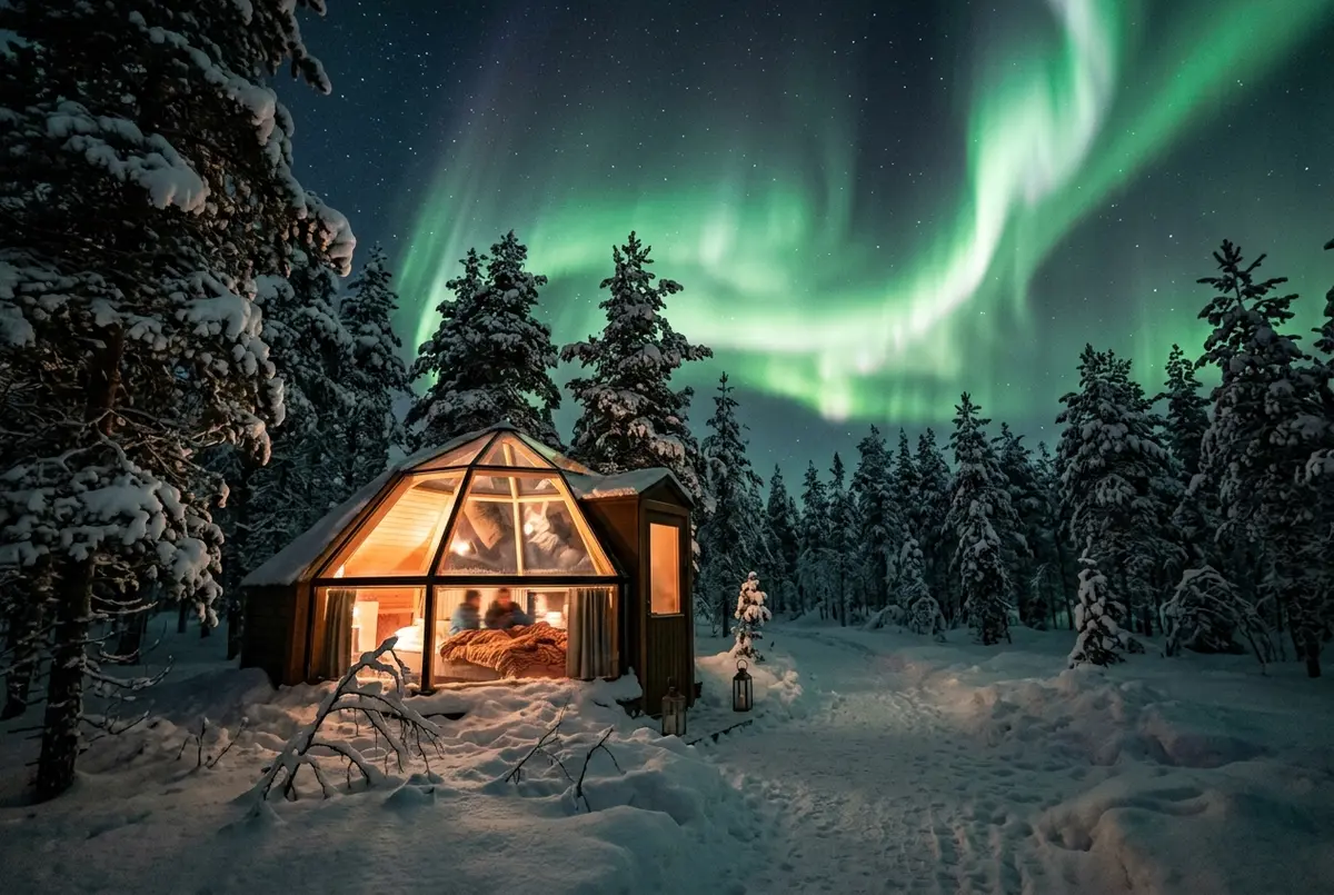Glass-roofed igloo cabin glowing warmly at night under a green aurora display near Rovaniemi, a lapland northern lights tour scene with snow-covered pine forest in the background