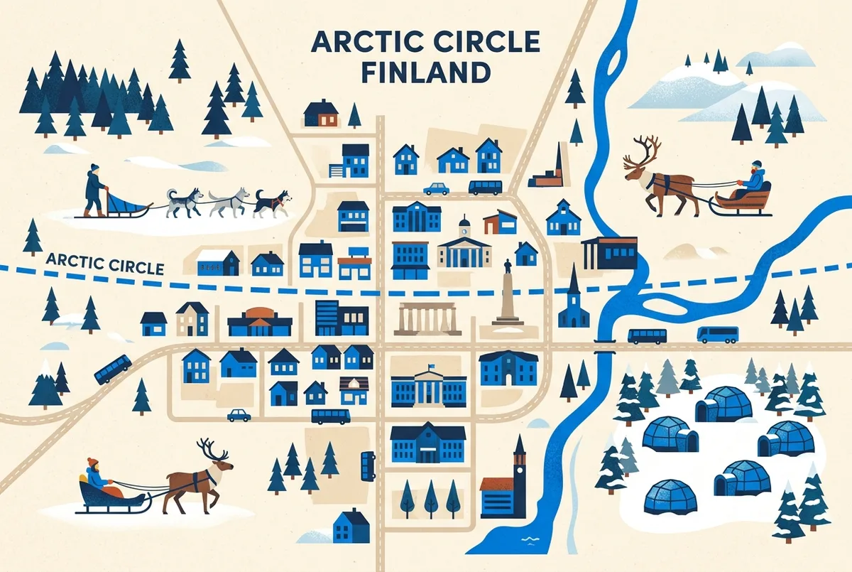 Flat-style illustrated map of Rovaniemi straddling the Arctic Circle line with icons for a husky safari, a reindeer sleigh and a glass-igloo lodge, generic place labels only