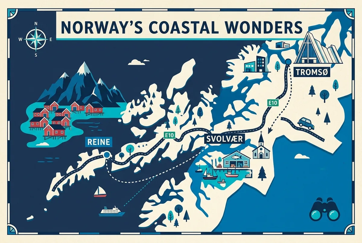Mapa ilustrado em estilo flat da costa norte da Noruega mostrando Tromsø, a ponte até Lofoten e a ilha de Senja, com uma rota pontilhada e ícones simples de aurora, apenas rótulos genéricos de lugares