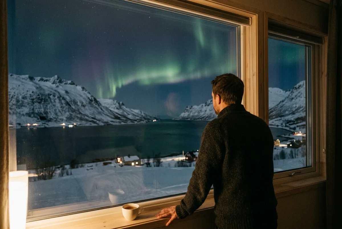 Rejsende ser ud gennem et stort panoramavindue på et nordlys hotel i Norge mod en snedækket fjord, mens et svagt grønt nordlys bølger i mørket udenfor