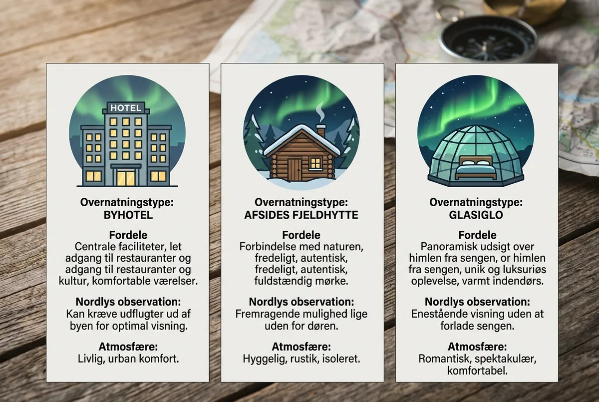 Fladt sammenligningsgrafik med tre ikoner for overnatning under nordlys hotel norge: et byhotel, en afsides fjeldhytte og en glasiglo, kun generiske ikoner og labels