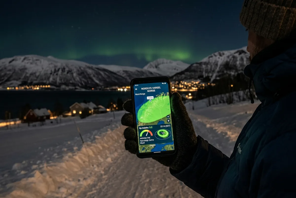 Person holder en mobiltelefon der viser et nordlys varsel norge-kort med Kp-indeks over et mørkt vinterlandskab i Tromsø, svagt grønt skær anende sig i baggrunden