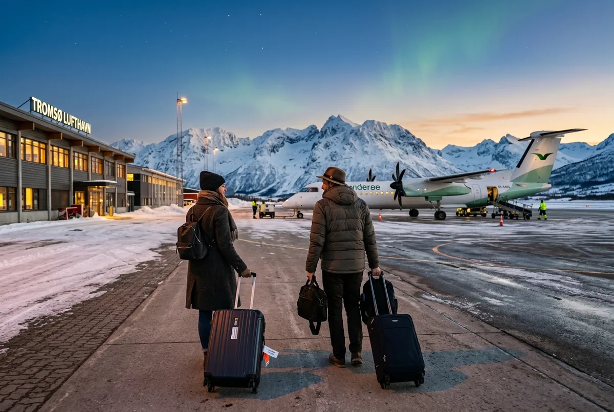 Reisepaar mit Koffern am Flughafen Tromso bei Dämmerung, im Hintergrund ein Flugzeug und schneebedeckte Berge, Symbol für eine Pauschalreise Tromso Nordlichter