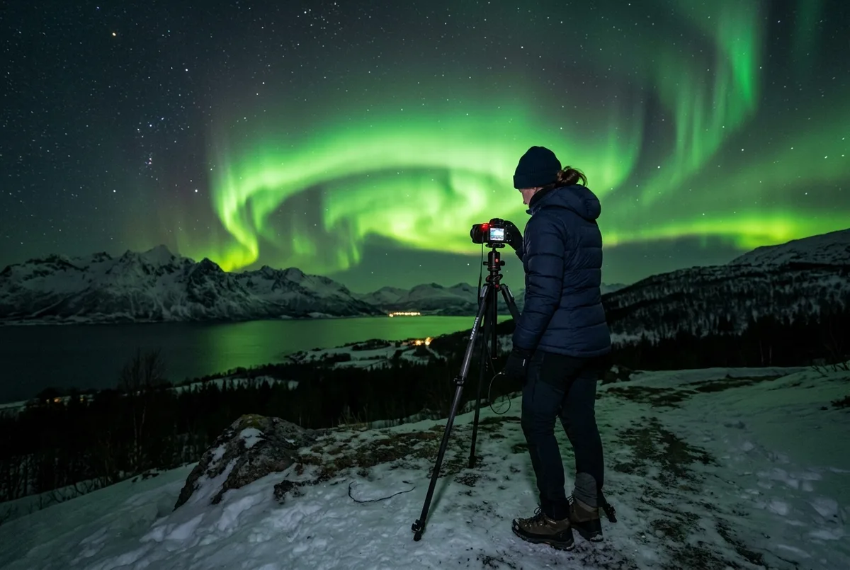 Traveler photographing a bright green aurora borealis overhead with a mirrorless camera mounted on a tripod at a dark Arctic viewing site, how to photograph the northern lights scene