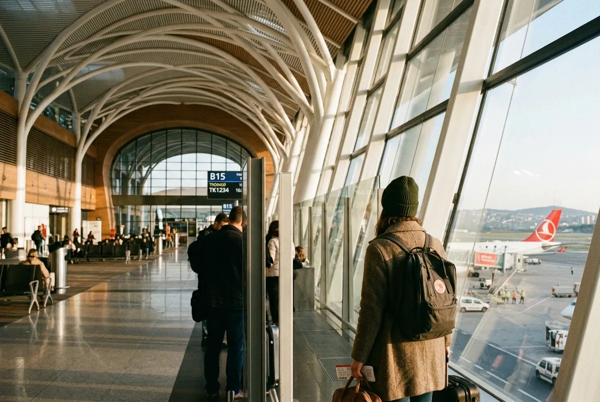 İstanbul Havalimanı'nda kar botları ve termal montlarla check-in kuyruğunda bekleyen bir çift, kuzey ışıkları turu izmir çıkışlı sorusuna İstanbul üzerinden Tromsø rotasını görselleştiren sahne