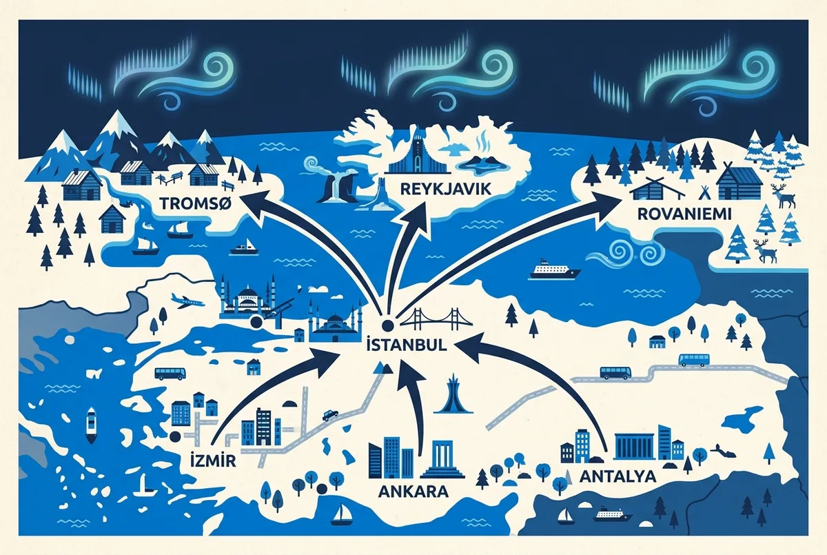 Basit rota infografiği, İzmir, Ankara ve Antalya'dan İstanbul'a, oradan Tromsø, Reykjavik ve Rovaniemi'ye giden üç ok ile kuzey ışıkları turu izmir çıkışlı sorusunu görselleştiren harita konsepti