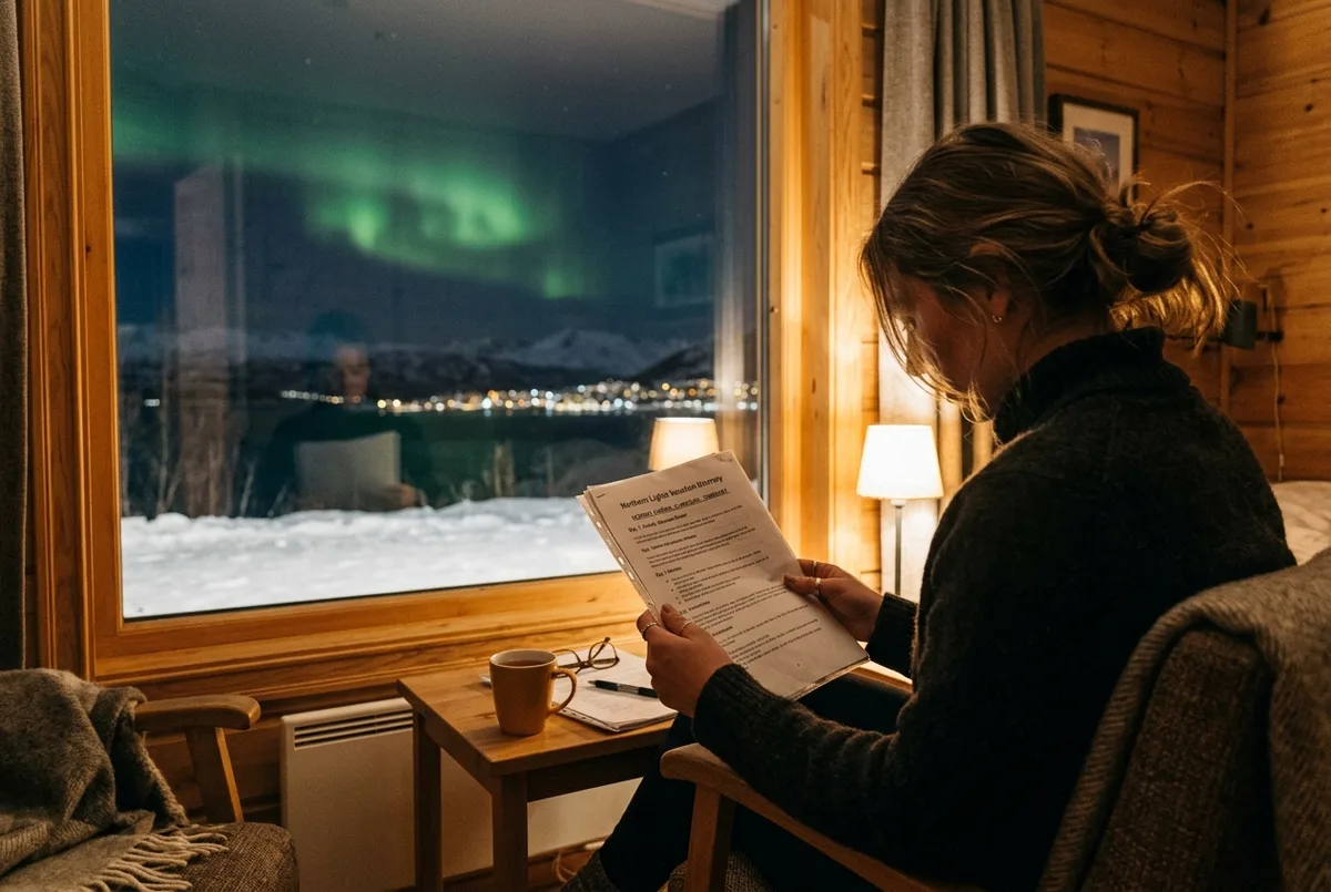 Viaggiatore che consulta un itinerario stampato di un viaggio aurora boreale organizzato accanto alla finestra di un accogliente hotel artico, con un debole bagliore verde di aurora visibile fuori