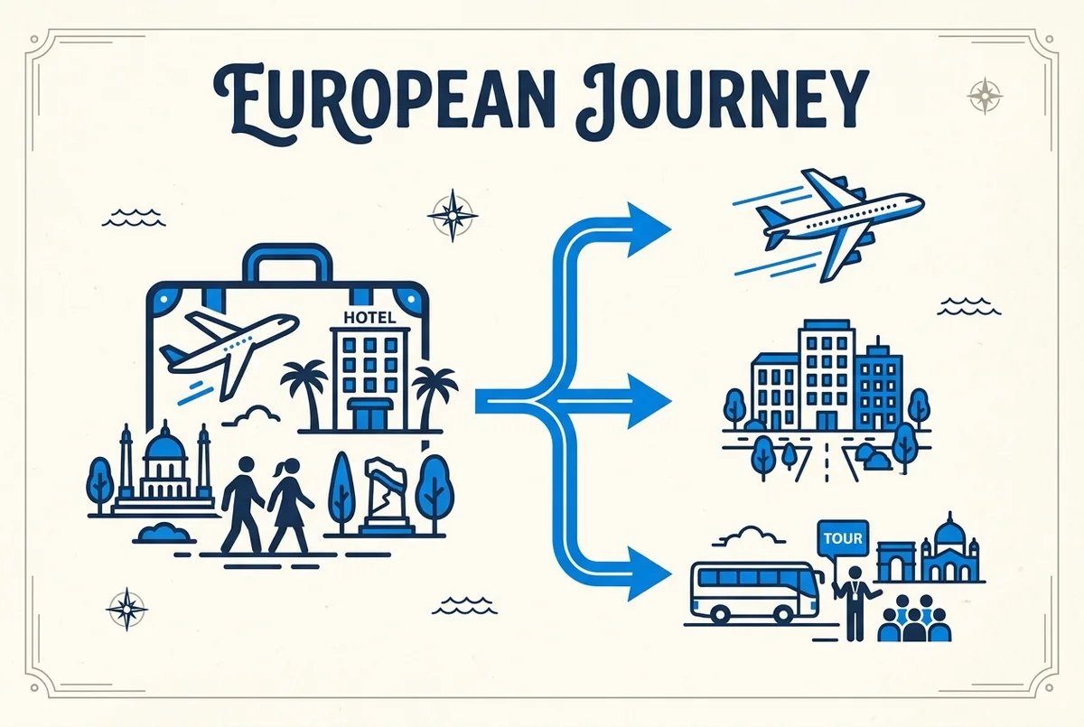 Infografica semplice di confronto costi con un'icona di pacchetto viaggio organizzato da un lato e icone separate di volo, hotel e tour dall'altro, con una freccia di collegamento, solo etichette generiche senza prezzi
