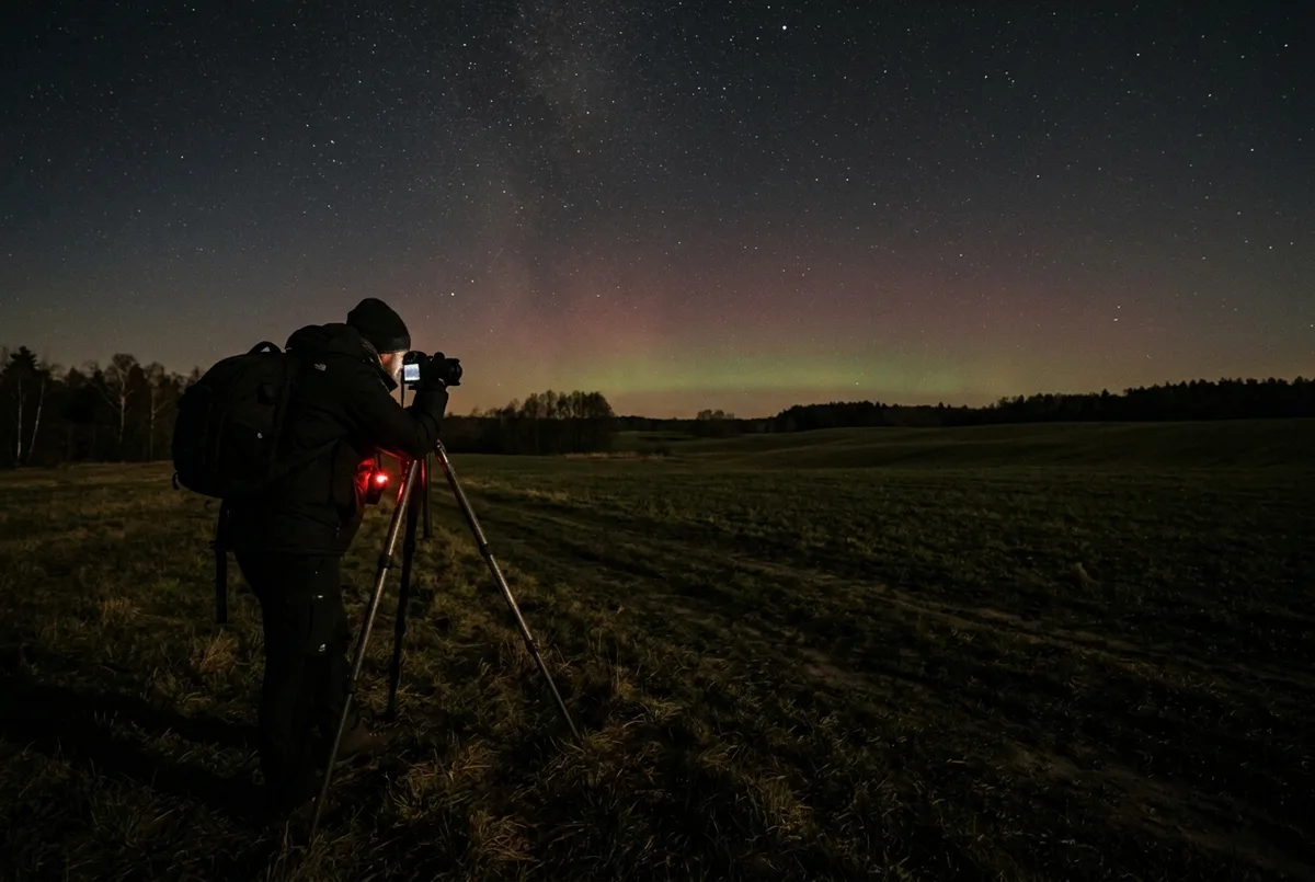 Ciemne pole na Mazurach nocą z ledwo widoczną czerwonawo-zieloną poświatą nisko nad horyzontem, osoba fotografuje niebo statywem, ilustracja gdzie zobaczyć zorzę polarną w polsce