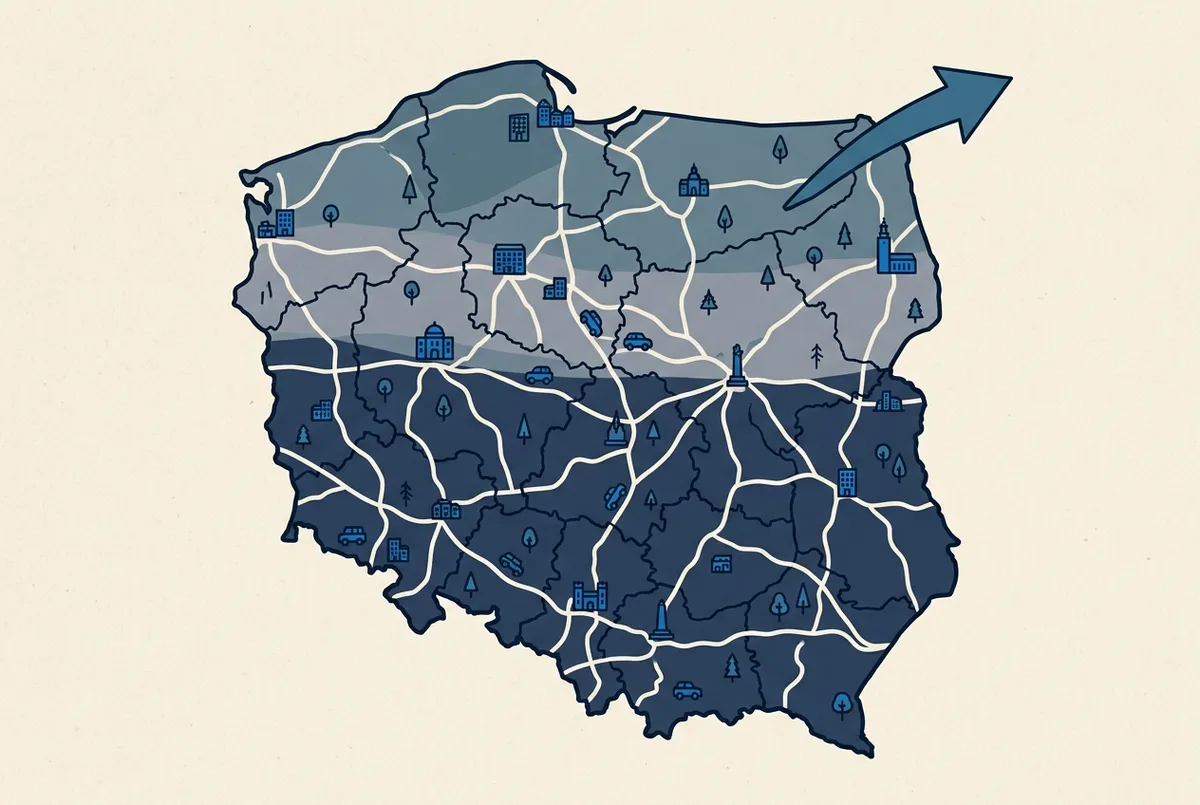 Prosta mapa Polski z zacieniowanym pasem na północy oznaczającym nieco lepsze szanse podczas rzadkiej silnej burzy geomagnetycznej, strzałka wskazująca kierunek na Norwegię jako pewniejszą alternatywę, wyłącznie ogólne etykiety, gdzie zobaczyć zorzę polarną w polsce