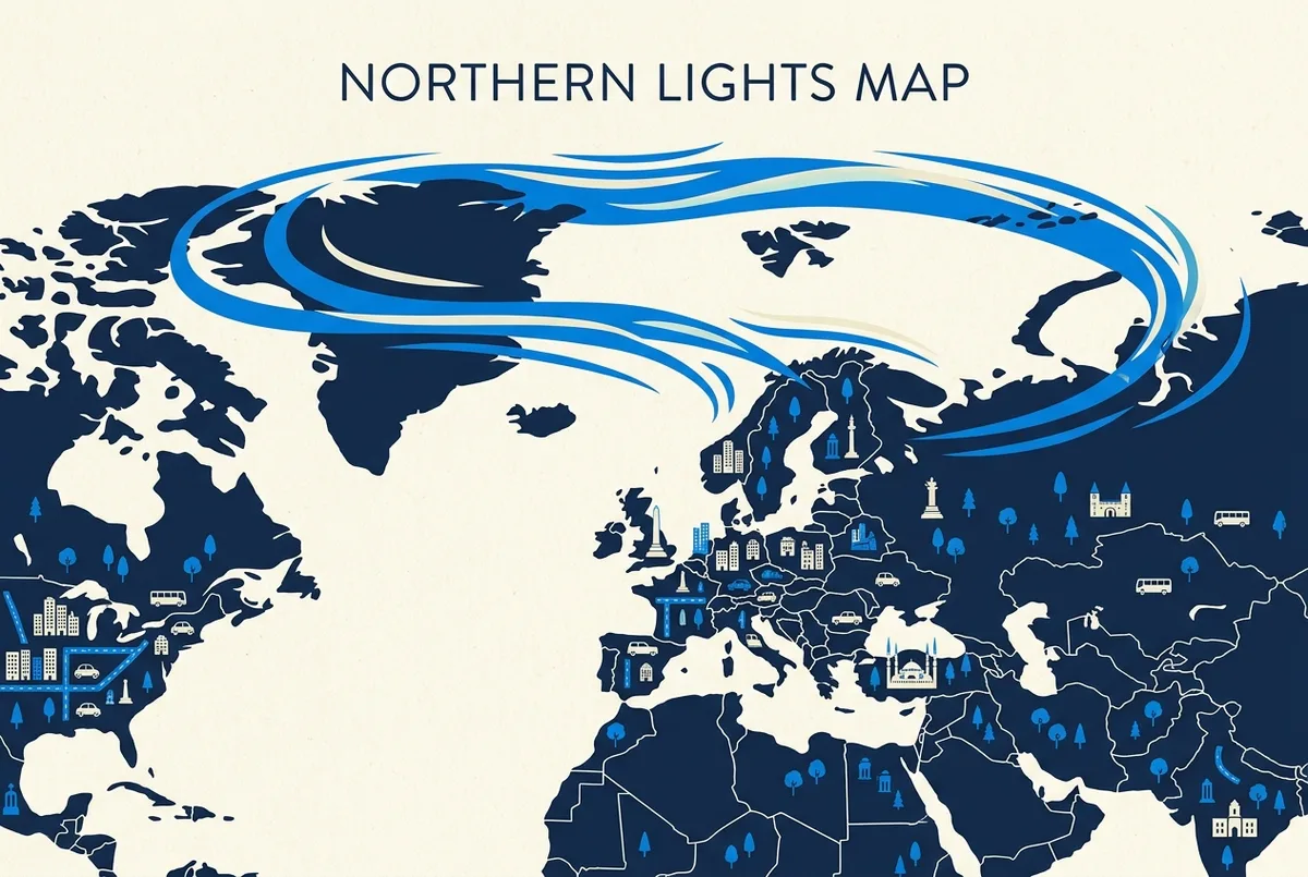 Düz stil dünya haritası infografiği, auroral oval kuşağını kuzey yarımkürenin üst kısmında vurgulayan ve Türkiye'nin bu kuşağın belirgin şekilde güneyinde kaldığını genel etiketlerle gösteren basit görsel