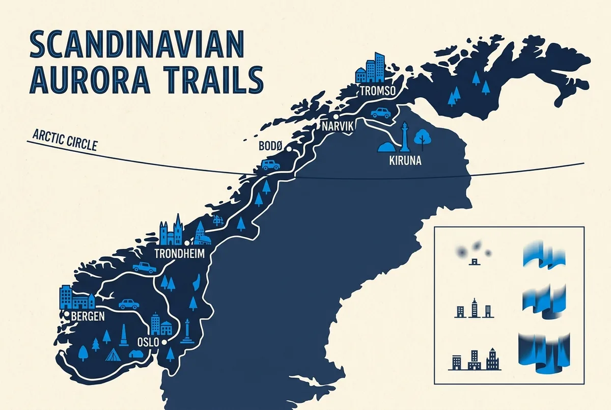 Carte illustrée stylisée de la Norvège et de la Suède montrant Oslo, Bergen, Trondheim, Bodø, Narvik, Tromso et Kiruna positionnées par rapport au cercle polaire arctique, avec une légende simple des chances d'aurore boréale, étiquettes génériques uniquement