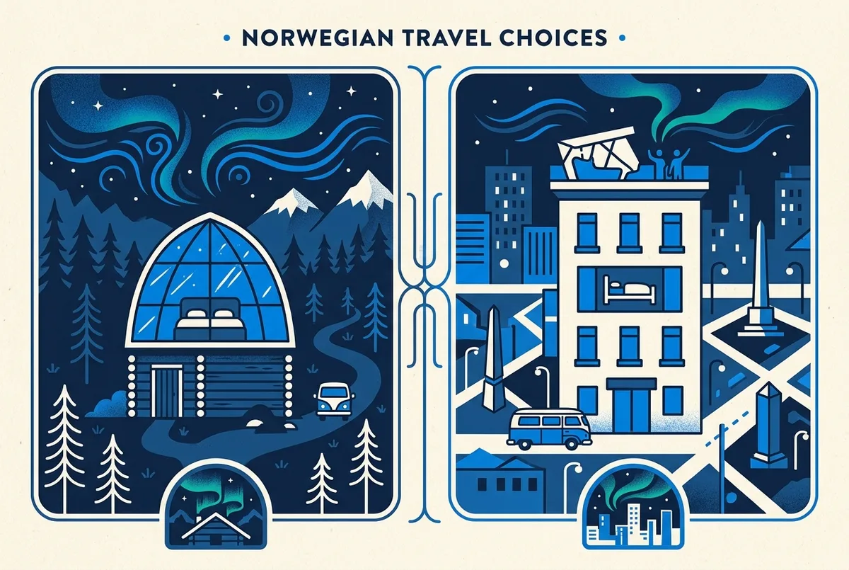 Düz stil karşılaştırma infografiği, bir cam kubbeli kabin ile bir şehir oteli artı minibüs turu ikonlarını gösteriyor, norveç kuzey ışıkları otel seçimini karşılaştırıyor, genel etiketler ve ikonlar