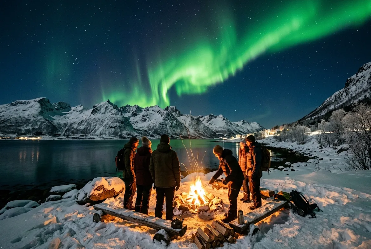 Small group on a Norway northern lights tour standing beside a bonfire camp watching a bright green aurora ripple over a snowy Tromso fjord at night