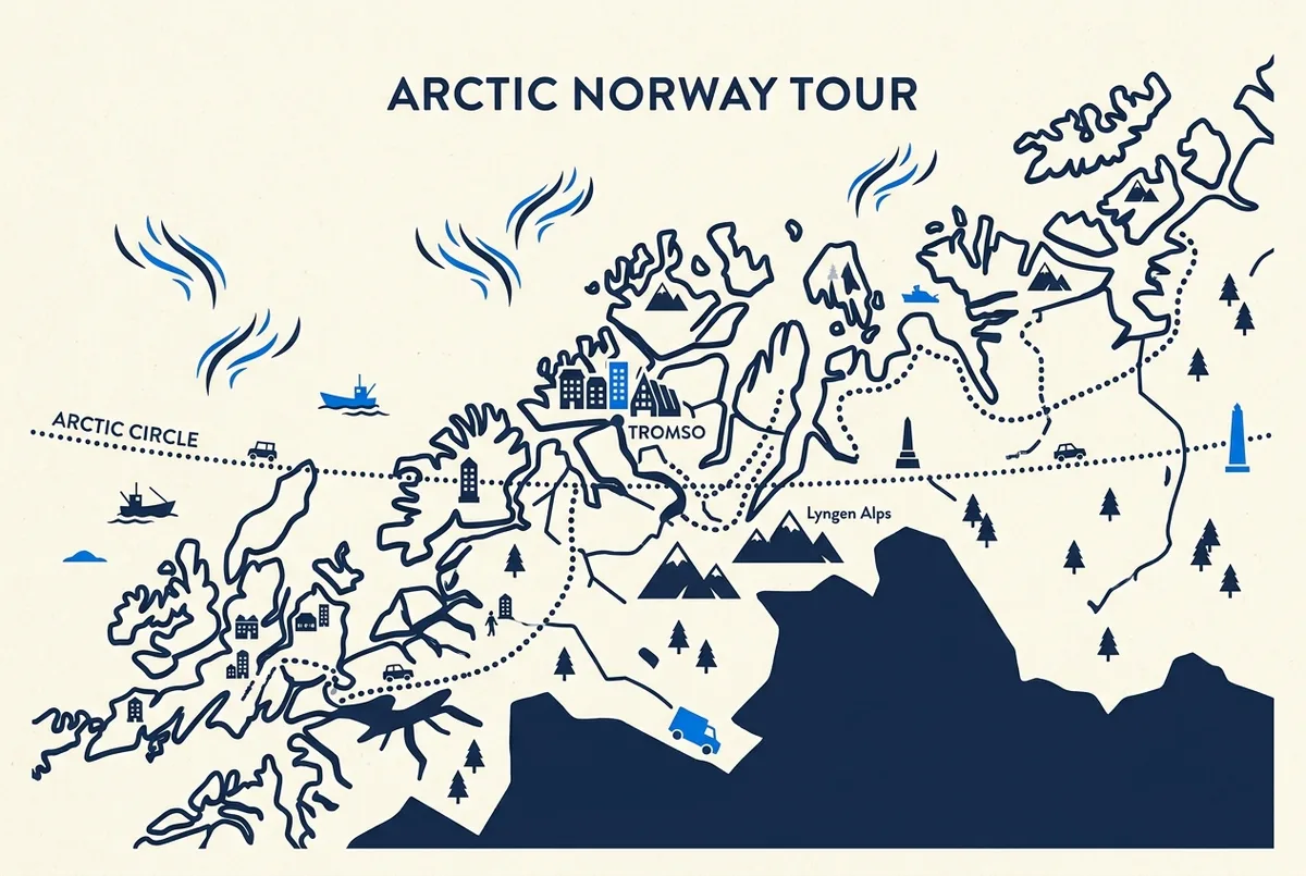 Flat-style illustrated map of northern Norway highlighting Tromso, the Lyngen Alps and the Arctic Circle with a dotted northern lights tour route and simple aurora icons, generic place labels only