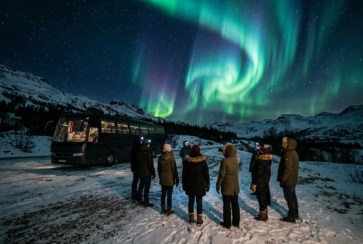 Minibus del tour aurora boreale reykjavik fermo di notte in un campo islandese buio con ospiti che osservano l'aurora verde sopra le montagne