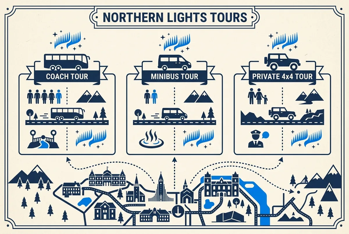 Confronto illustrato in stile piatto tra tre veicoli del tour aurora boreale reykjavik: un bus, un minibus e un 4x4 privato sotto un cielo con aurora, solo icone ed etichette generiche